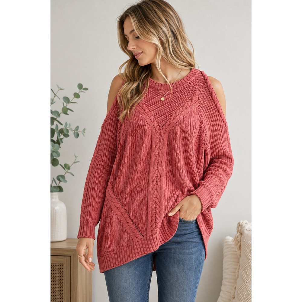 Umgee Women's XL Coral Cable Knit Cold Shoulder Sweater Cotton Blend Pullover